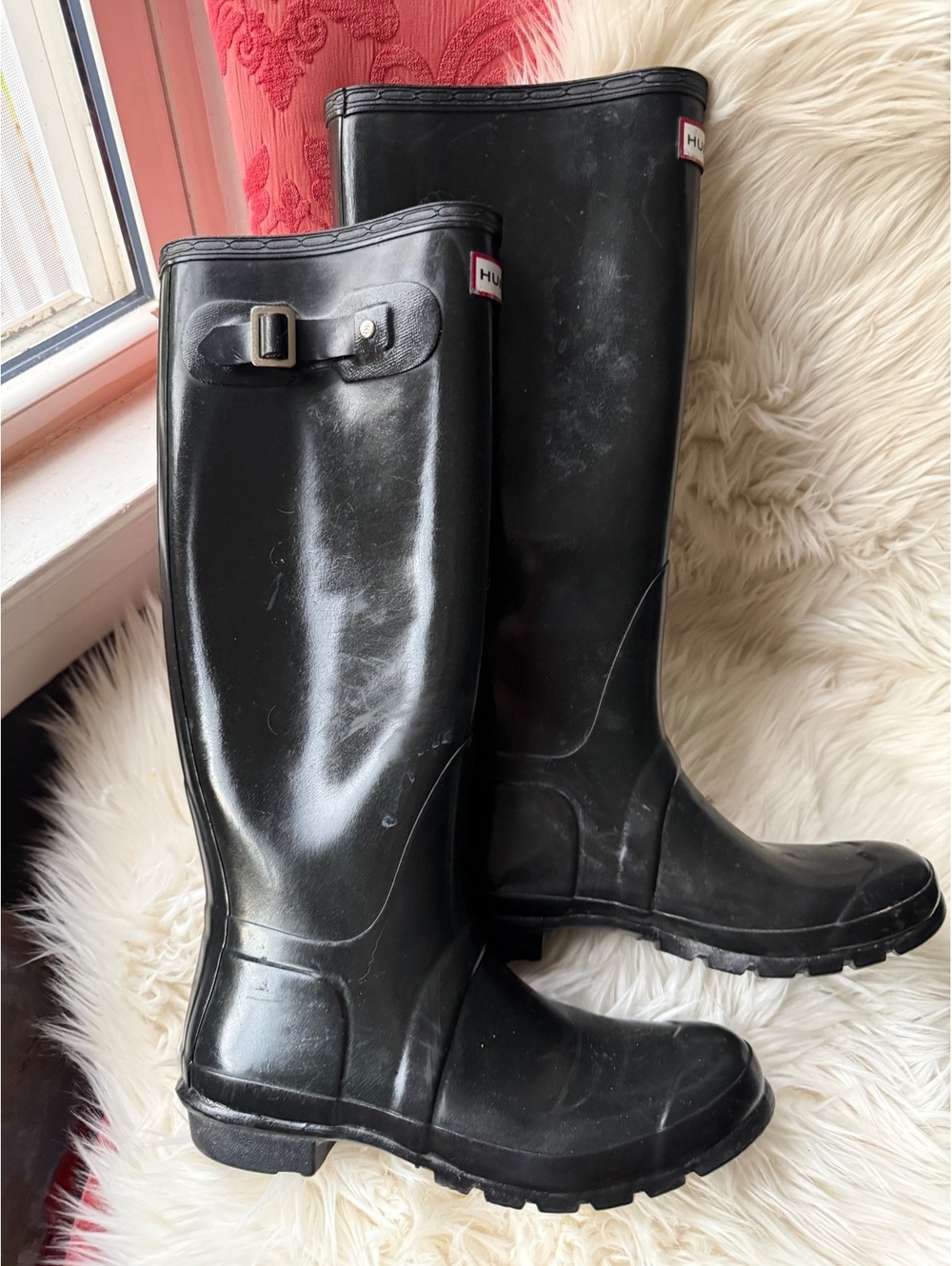 Hunter Black Tall Rain Boots with Adjustable Buckle